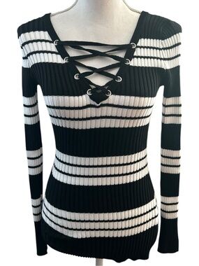 New Look Black & White Striped Lace-Up Ribbed Top